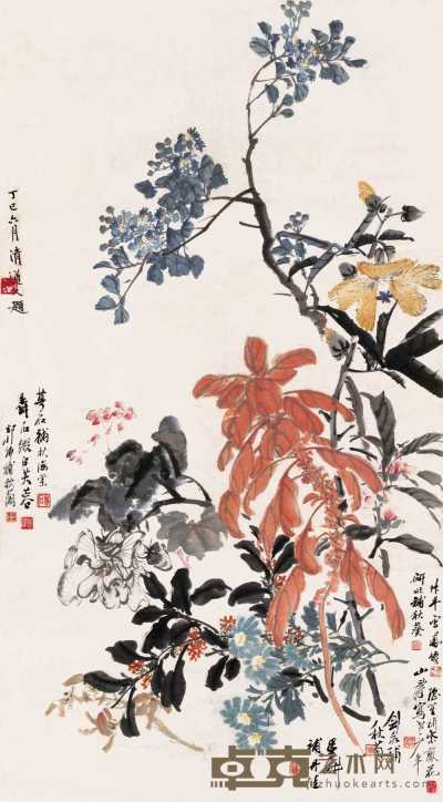 倪墨畊等 1917年作 花卉 立轴 53×96cm